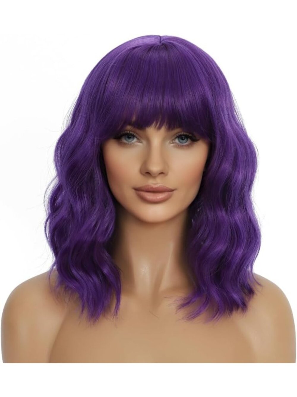 14-Inch Dark Purple Wavy Bob Wig with Bangs - Heat-Resistant Synthetic Cosplay